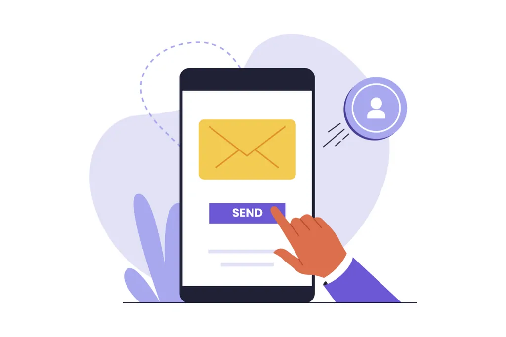Illustration of a hand tapping a send button on a phone