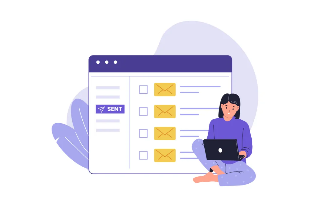 Illustration of a person reviewing a list of sent emails on a laptop