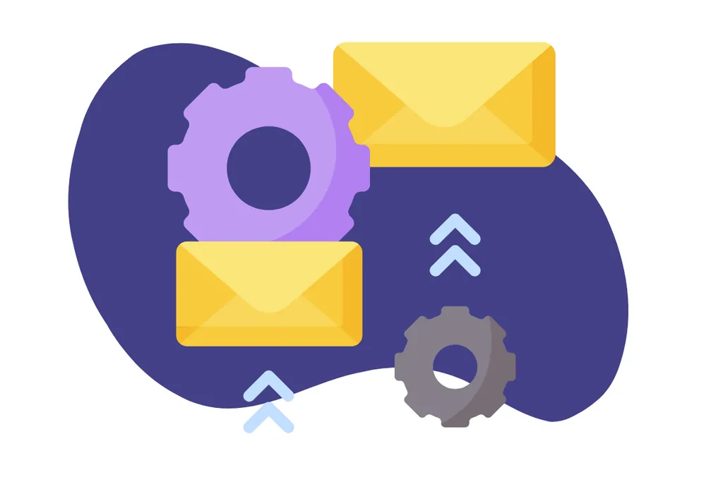 Illustration of envelopes and gears representing automated email flows